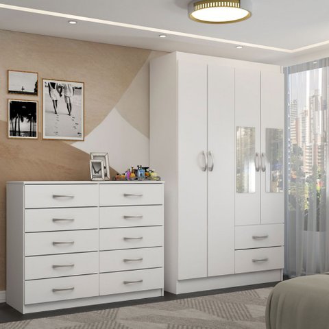 Guarda-roupa Solteiro Hazel 4 Portas 2 Gavetas e Espelho com Cômoda 10 Gavetas Branco - Panorama Móv