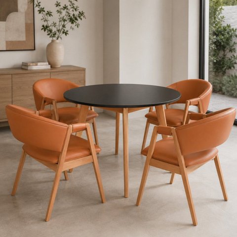 Kit Mesa de Jantar Redonda 90cm com 4 Poltronas Estofadas Confortáveis para Ambientes Modernos