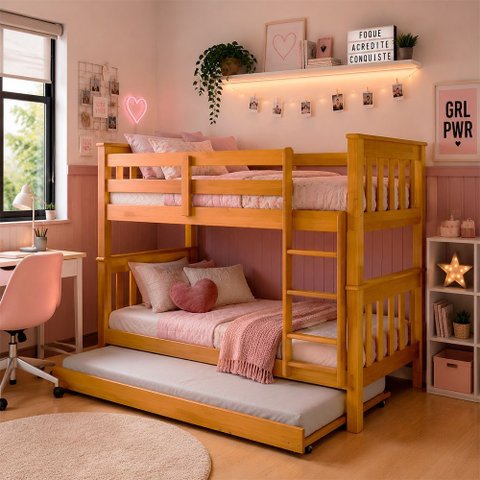 Beliche com Cama Auxiliar Madeira Maciça para Quarto Solteiro Caramelo Acetinado Rústico Piratini