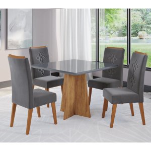Conjunto Sala de Jantar Salvador Mesa 90x90cm com 4 Cadeiras Flora Mel/grafite/cinza - Casa Giulia