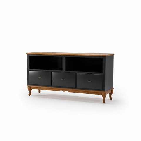 Rack 3 Gavetas Clássico Pés Luiz Xv Grande MDF Laca Sala Ecomem Preto - Imbuia