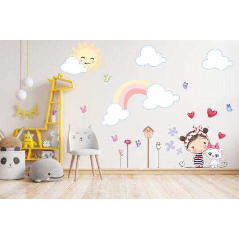 Adesivo de Parede Infantil Menina com Gatinho e Arco Iris