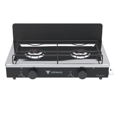 FOGAO DE MESA 2 BOCAS VENAX FLAMALAR VETRO PRETO FOSCO GAS GLP