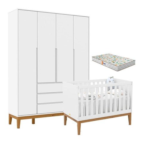 Berço Americano Unique e Guarda Roupa 4 Portas Nature Clean Branco Soft Eco Wood com Colchão Gazin –
