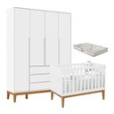 Ver imagem 1 de Berço Americano Unique e Guarda Roupa 4 Portas Nature Clean Branco Soft Eco Wood com Colchão Gazin –