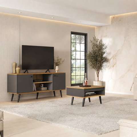 Conjunto Sala de Estar Tóquio 2 Peças Rack para TV e Mesa Centro Cor Grafite/Lamina Mel C00D1350MC15