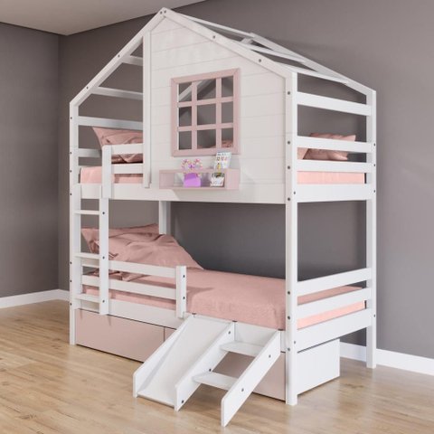 Beliche Casinha com Janela 02 Gavetas Rosa com Escada/ Escorregador e Grade de Proteção Madeira