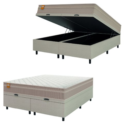 Cama Box Baú Casal Queen Colchão Molas Qatar 158x198x63cm Bege/branco Inducol