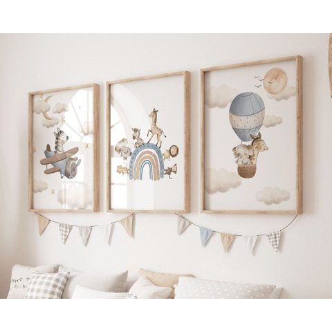 Kit 3 Quadros Animais Avião Balão Arco Íris Azul Quarto Menino Infantil Bebê
