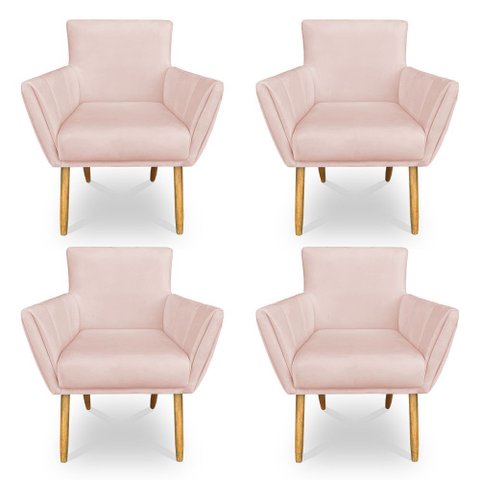 Kit 4 Poltronas Decorativa Leticia Suede Rosa Bebê Pés Palito Castanho - Pallazio