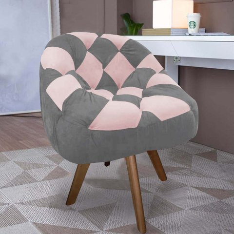Poltrona Paloma Escritório Sala Giratória Madeira Suede Cinza e Suede Rosa Bebê - Dominic Decor