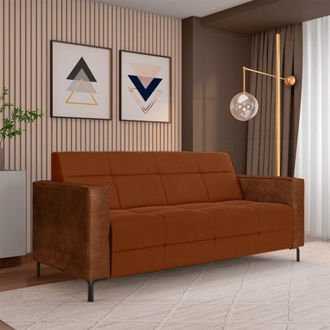 Sofá Living Decorativo Houston 2 Lugares 200cm Pés em Metal Veludo/ Pu Marrom Vermelho/ Marrom G33 -