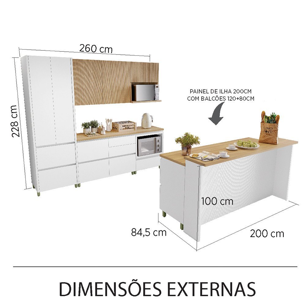 Cozinha 8 Peças 8 Portas 12 Gavetas Forno Micro Ondas Ilha Ripado Rainha 100 Mdf - 3