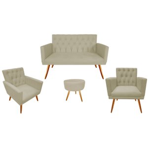 Kit Namoradeira + 2 Poltronas Decorativa Nina Capitonê + Puff Redondo Couro Bege Pés Madeira Ms Deco