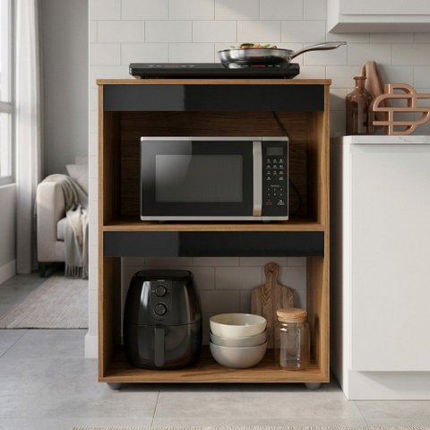 Balcão Cooktop Ariana Cozinha Compacta com Nichos para Micro-Ondas Amêndoa Preto - Abmaza