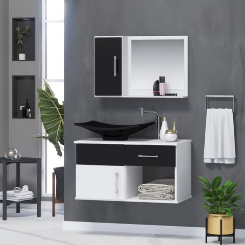 Gabinete Banheiro New Stilo 60 Cm Armário com Cuba e Espelheira:preto