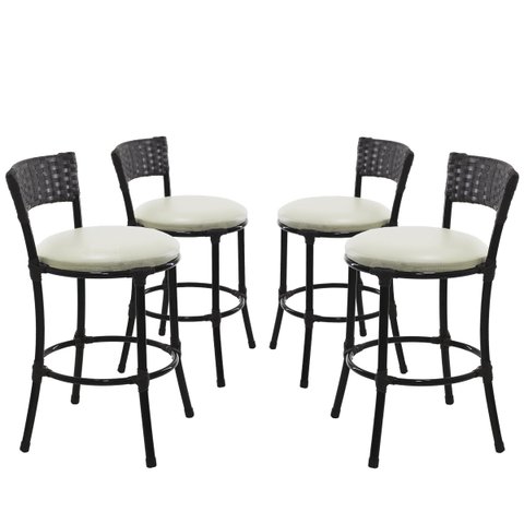 4 Banquetas Forts Baixa Fibra Sintética Preta Aço Carbono Assento Estofado Branco