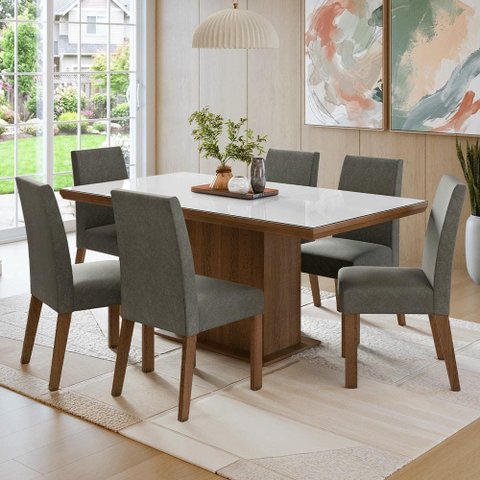 Conjunto Sala de Jantar Tampo de Vidro 6 Cadeiras Rustic/Branco/Silver Alba Madesa