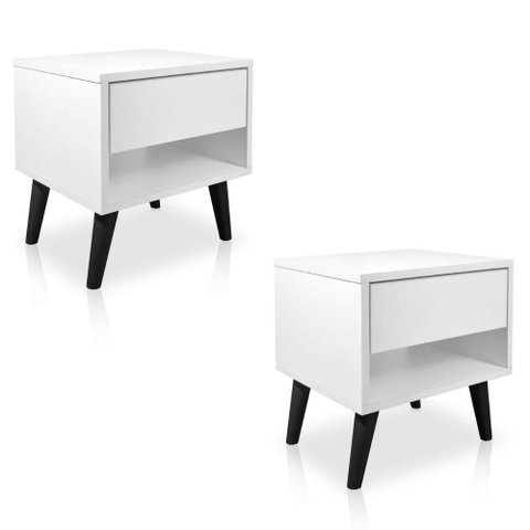 Kit 2 Mesas de Cabeceira 1 Gaveta 38 Cm Mdf Branco Pés Palito Mp