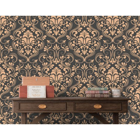 Papel de Parede Arabesco Cinza e Laranja Arte Destaque 2 Metros