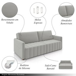 Sofá-cama Decorativo Retrátil Thanos 2 Lugares 192cm Veludo Cinza G45 - Gran Belo - 3