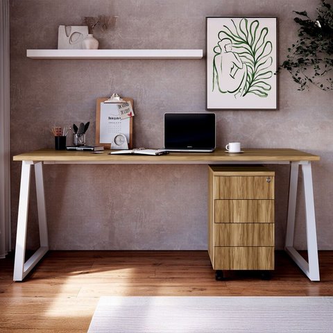 Mesa Escrivaninha e Gaveteiro com e Rodízios 4 Gavetas 160cm Industrial Executive Nogal e Branco Marrom