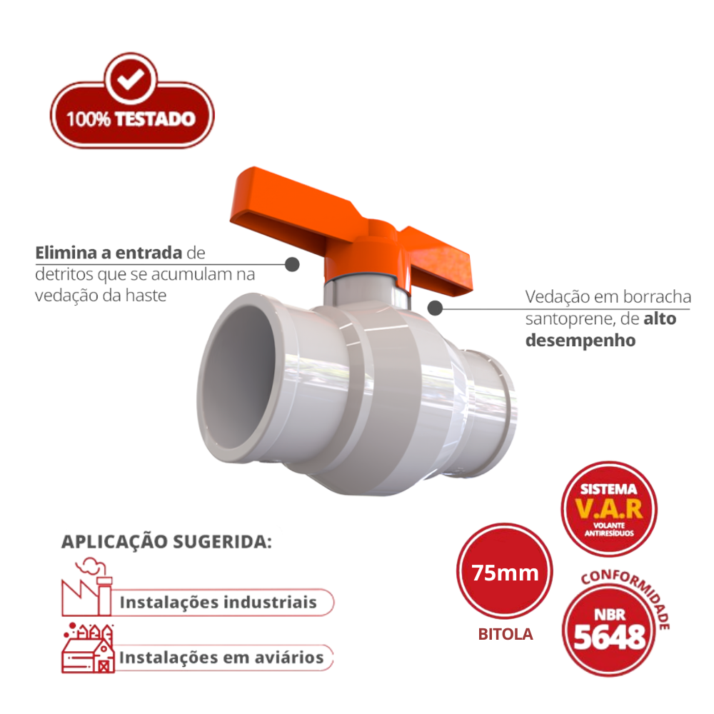 Registro de Esfera Soldável Industrial Bitola 75mm Sistema V.a.r Cor Branco e Laranja Durín - 2