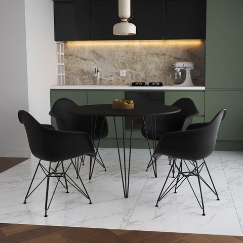 Mesa Jantar Redonda 90cm Preta Clips 3 Pés com 4 Poltronas Pretas Ferro Preto Preto