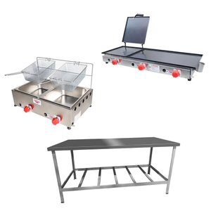 Kit Lanchonete Mesa de Manipulação 190x70cm + Fritadeira a Gás 2 Cuba + Chapa a Gás 90cm