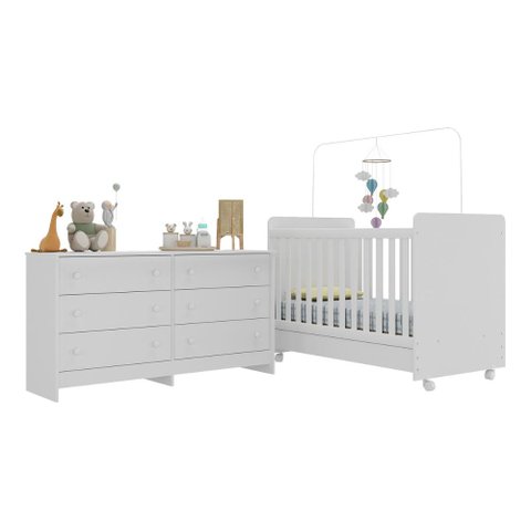 Berço 3 em 1 para Colchão 130x70cm com Rodízios e Cômoda Chantilly Multimóveis Mp4290 Branco
