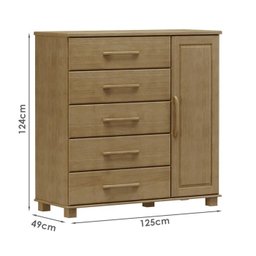 Comoda 5 Gavetas 1 Porta Madeira Maciça 125 Cm 2251 Freijo Milani Store - 3
