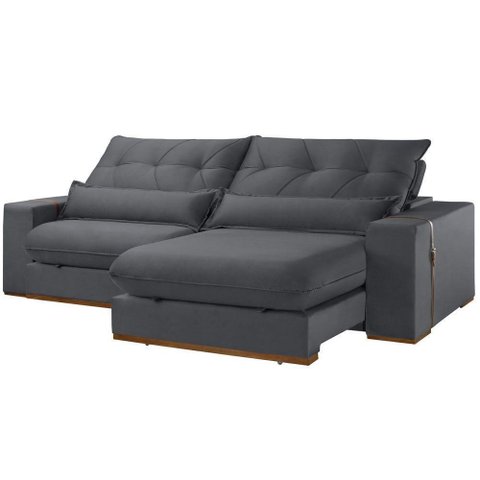 Sofá com Chaise B010 3 Lugares Retrátil e Reclinável 230cm Cinza Escuro Veludo