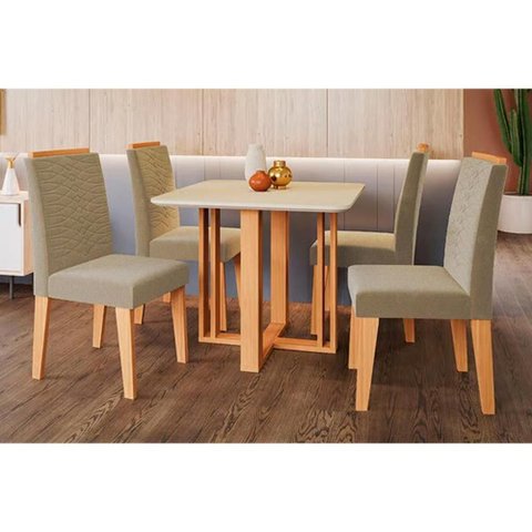 Conjunto: Mesa Sala Jantar Flora C/ Tampo Madeirado C/ Vidro 95x95cm e 4 Cadeiras Clarice Madeirado