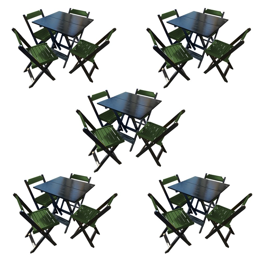 Kit 5 Mesas de Madeira Dobrável Preto 70x70 com 4 Cadeiras Dobráveis Verde - 1