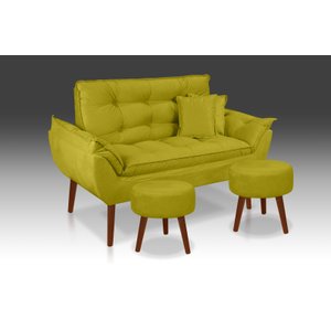 Kit 01 Namoradeira Opala + 02 Puff Redondo + 02 Almofadas Suede Amarelo- Modena Decor