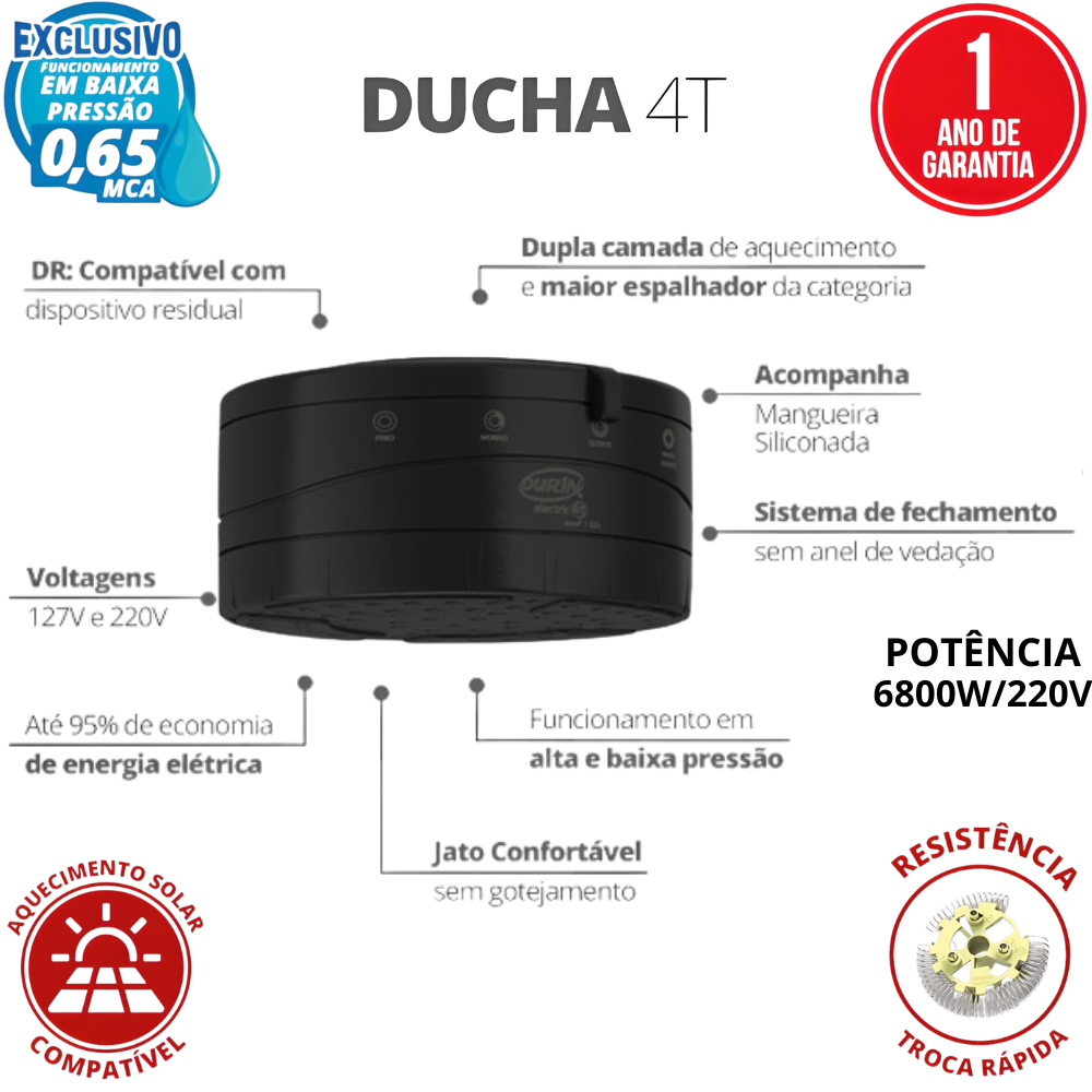 Chuveiro Ducha 4 Temperaturas Potência 6800w/220v Preto Durín - 2