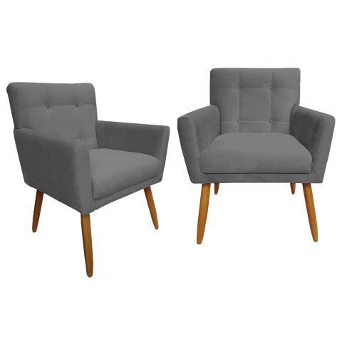 Kit 2 Poltronas Decorativa Onix Suede Cinza Pés Madeira Ms Decor