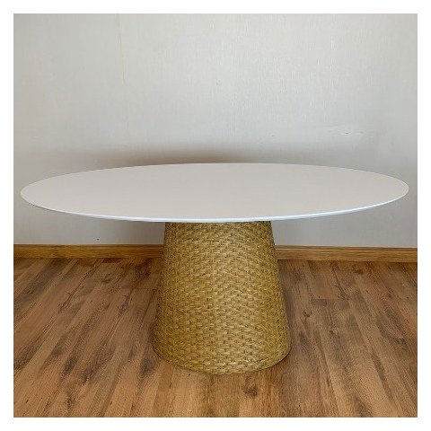 Mesa De Jantar Cone Oval 140x90 cm Tampo Laca Branca Base Fibra Natural Personal Decor Mesa de Janta