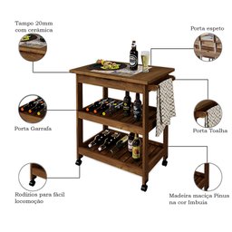 Mesa Gourmet Grade Carrinho de Churrasco W01 Tampo com Cerâmica Madeira Maciça Imbuia Clique Chique - 3