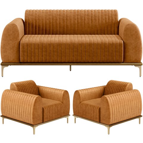 Kit Sofá 3 Lugares 210cm com 02 Poltronas Molino Base Castanho Pés D'ouro D02 Couríssimo Whisky B-90