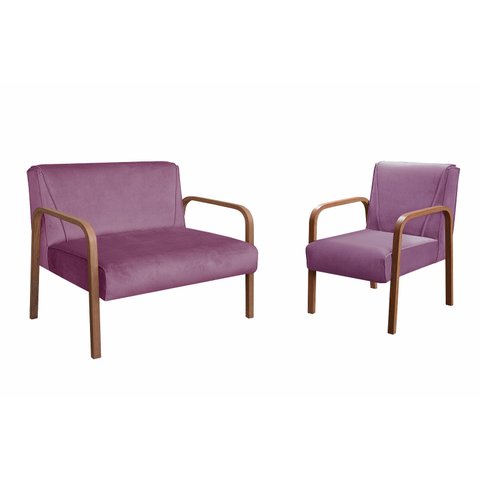 Conjunto Namoradeira + 1 Poltrona Anita Braço Madeira Decoração Recepção Sala - Veludo Roxo