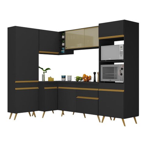 Armário de Cozinha Completa de Canto Veneza Multimóveis V2050 Preto/Dourado