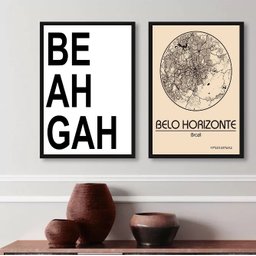 Kit 2 Quadros Belo Horizonte- Mapa 33x24cm:madeira Branca - 1