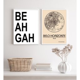 Kit 2 Quadros Belo Horizonte- Mapa 33x24cm:madeira Branca - 2