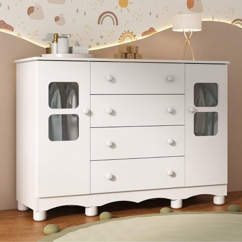 Cômoda Infantil 125cm 2 Portas com Vidro e 4 Gavetas Luna Multimóveis Mp4415 Branco