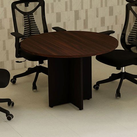 Mesa de Reunião Redonda 110cm x 110cm com 4 Lugares e Pés Painel para Escritório Corporate Marrom/Preto
