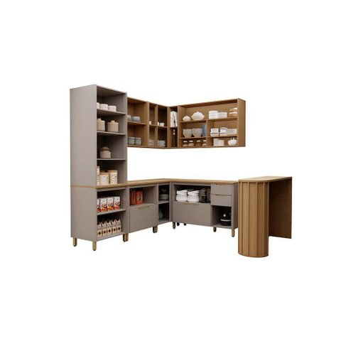 Cozinha Modulada Completa de Canto 8 Peças com Tampo e Banca Cinammon-freijó
