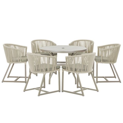 Mesa com 6 Cadeiras de Jantar Roma 120cm e Noronha em Alumínio Fendi Corda Náutica Estofado 8 Trama