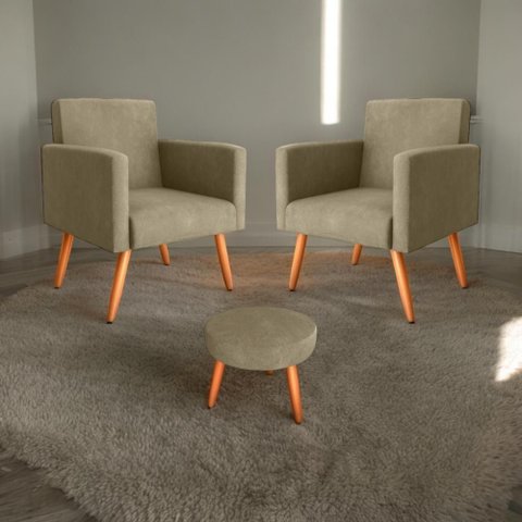 Jogo de Poltronas e Puff Livia Veludo Turkey Cappuccino