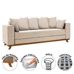 Sofá Moderno Pés Em Madeira Maciça 4 Lugares Linho Bege Muniz Cromos - 3